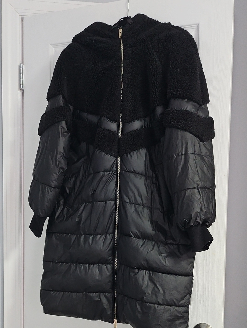 Black Women's Puffer Coat with Sherpa Trim